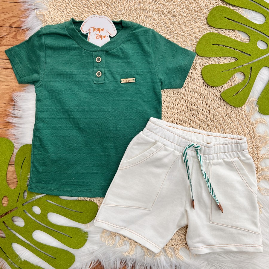  Conj. Camiseta com Dois Botões e Bermuda em Moletinho - Verde e Off White